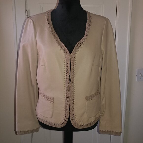 Nine West: Taupe/Nude Butter Soft Leather Blazer/Jacket W/Crochet Trim - Size L - Picture 1 of 10